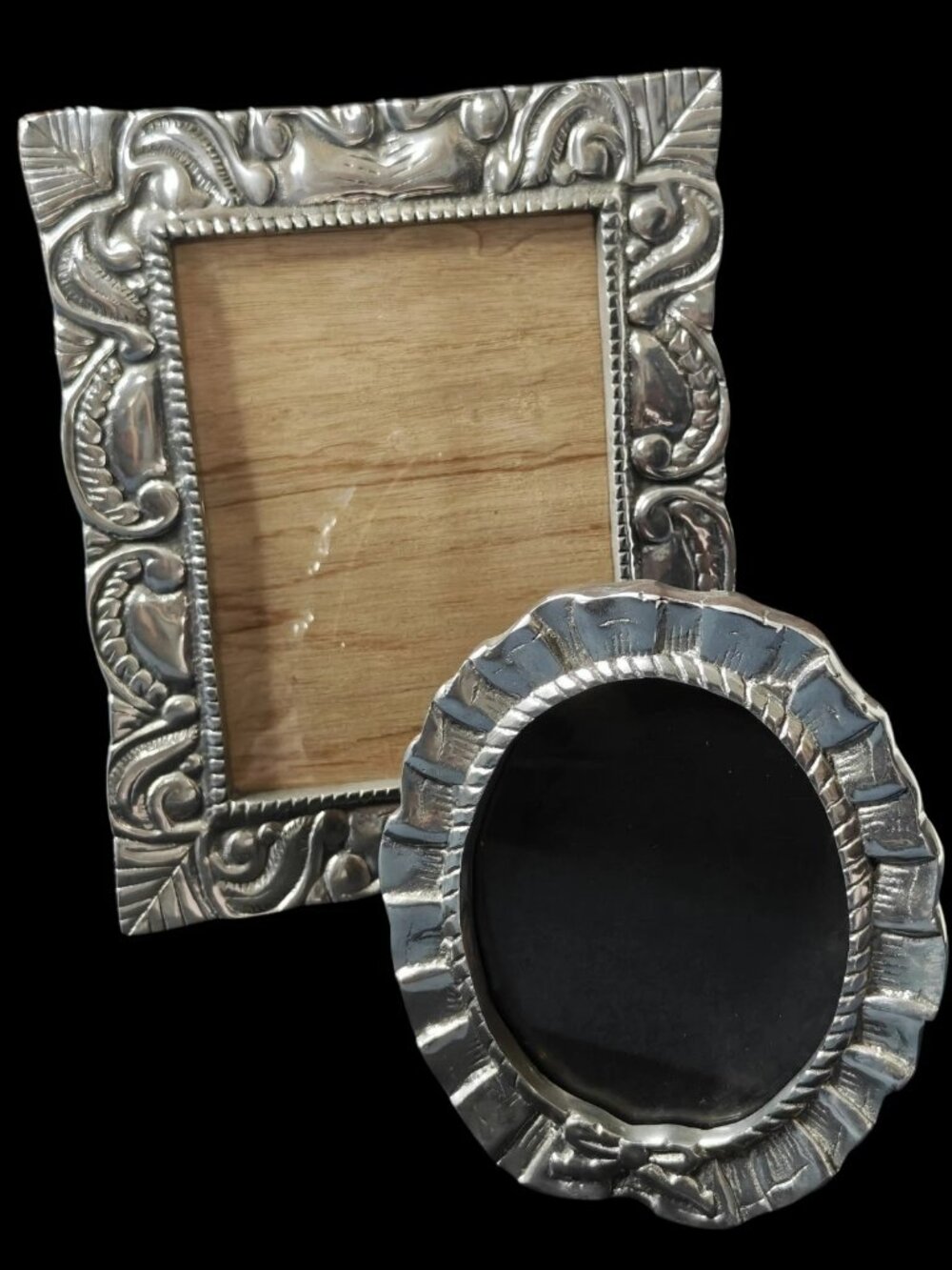 Set Of Two Silver Tone Pewter Picture Frames Vintage Tabletop Decor Wood Backs